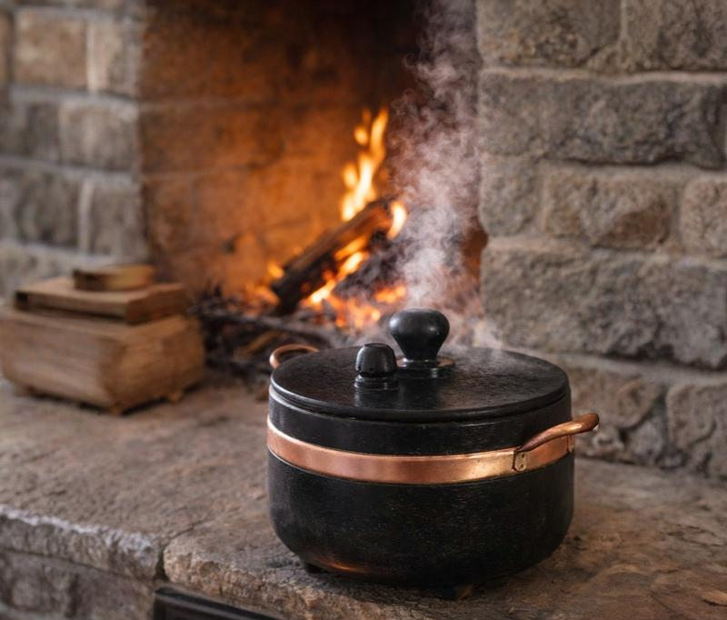 Black Brazilian soapstone pot with copper band handles releasing steam beside a fireplace on a stone hearth, handcrafted natural stone cookware for slow cooking and heat retention.