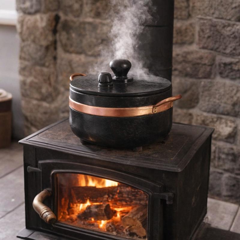 Brazilian soapstone pot with copper band handles steaming on a wood-burning stove, handcrafted natural stone cookware ideal for slow cooking, heat retention, and traditional hearth cooking.